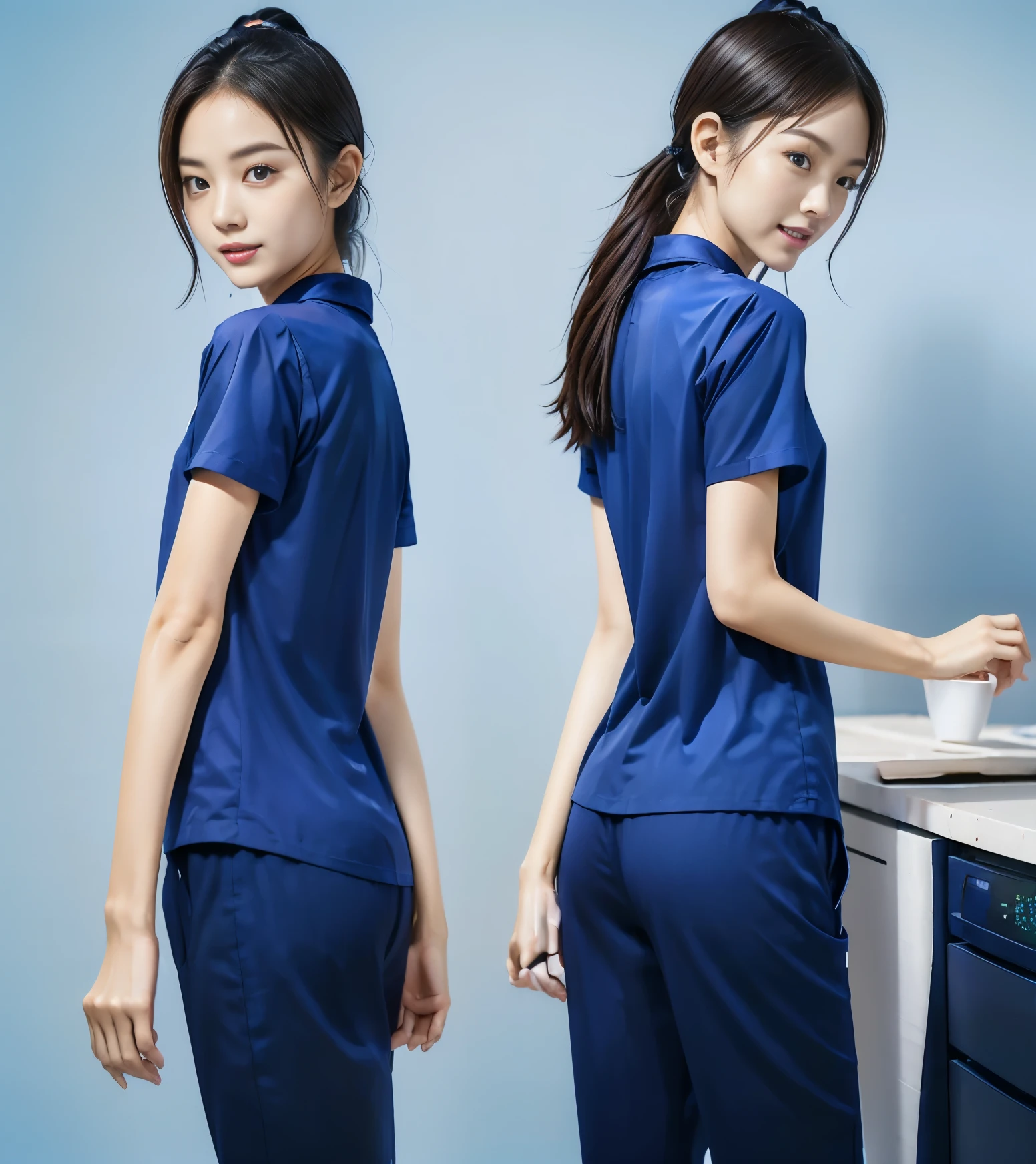 (best quality,10,10,height,Masterpiece:1.2),Special details,(realistic,ภาพrealistic,Realistic photos:1.37),1 Cute girl in the kitchen,shiny, ผิวshiny,only,smile softly,BDclothelue shirt:1.3)),short sleeve,shirt, กางเกงขาlong.,(navy_long_track pants:1.1), ((Kitchen Background)),Dynamic angle,excited,Face focus,dynamic poses,from behind,focus on ass,Masterpiece, best quality, ultra realistic, hyper detail, 8k resolution, raw photos, Sharp focus, ((Navy blue shirt:1.1)), short sleeve, เส้นทางlong, perfect body, 2 mature women, 18 years old, Cinema-grade lighting system,blue sweatpants,shirtผ้าออกกำลังกาย,correct anatomy,perfect body, correct body, Sharp face, correct bodyทางกายวิภาค, full body, realistic gestures, long-haired, realistic poses,Wear long shorts...........................,ช่วงขาlong,Good shape,carved girl, Slender figure, model, Good shape, beautiful body,blue sweatpants, two girls kissing