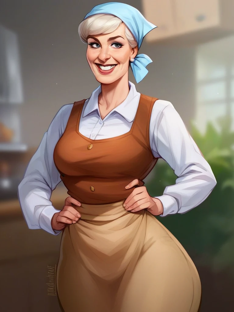 score_9, score_8_up, score_7_up, score_6_up, 1mature woman, makeup, gilf, apron, shirt, long sleeves, long brown skirt that hugs her curves, vest, head scarf, curvy, medium breasts, narrow waist, wide hips, thick thighs, looking at viewer, dynamic angle, cowboy shot, cartoon, dynamic pose, smile, cute, wide shot, realistic,
CinderellaXLP