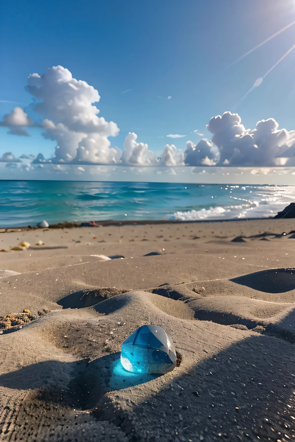 Exquisite scenes,depth of fields,8K,Blue sky,White clouds,The sun shines on the beach,There are many small colorful stones on the beach,Rose flower,