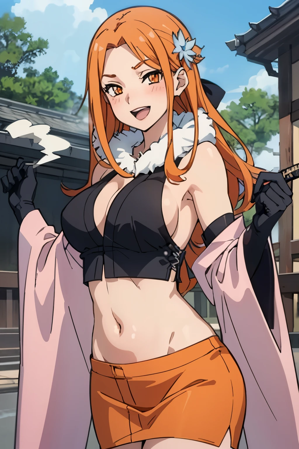 1girl, solo, hinakodesu2, (orange hair:1.2), (long hair:1.2), orange eyes, gloves, standing, large breasts, Hot girl, baddie, bad attitude, mean girl,crazy, smoking, sensual, attractive,
blush, lipstick, masterpiece, best quality, highly detailed, a anime girl in kimono dress ,holding sword, bare
shoulder,open kimono, evil smile, open mouth, crop top , smile, ecchi anime
style, anime girls, ecchi style, ecchi, digital anime art!!, in anime style, official artwork, visual novel cg,
beautiful anime girl, anime style 4 k, kimono pencil skirt, exposed belly, exposed navel,
exposed midriff, exposed lower belly, outdoor, japanese architecture, temple