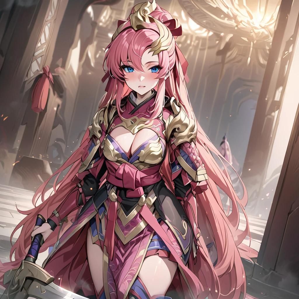 ((Highest quality)), ((masterpiece)), (detailed), （Perfect Face）、The female ancient Chinese warrior is Lacus Clyne, with blue eyes, pink semi-long hair, and is wearing luxurious ancient Chinese warrior equipment, a sword, and a luxurious headdress.、There are beautiful female warriors in the palaces of ancient China