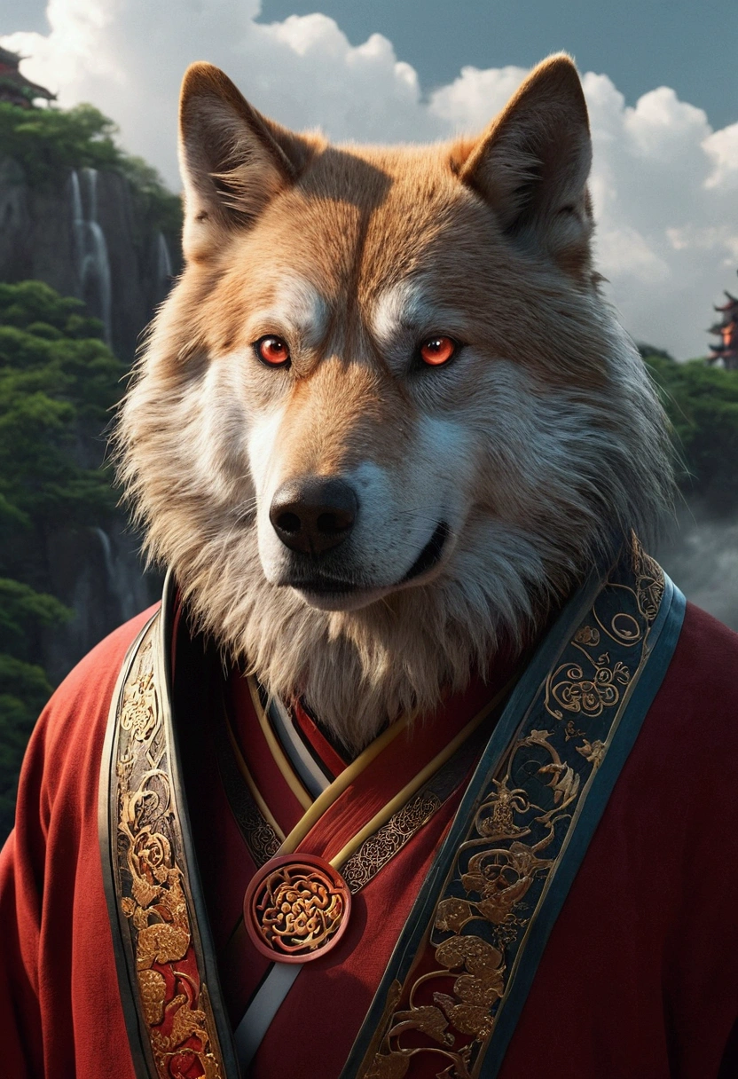 Chinese style,Chinese mythology,Drank,cough,intense,Expansiveness,Very long canines, Eyes glow red,Glowing effect,High Hill,cloud,It's night,Medium shot scenes,as a whole, Highly detailed surreal VFX,OC Rendering, - AR16:9 --q 2 --s 1000
