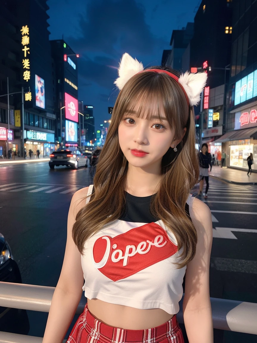 最high quality, masterpiece, 32K、Very detailed、Realistic、Four Girls, Japanese women、Cute Face, (photo Actual:1.3),Medium Hair(Blonde Hair Color、Great brown hairstyles)、Edge lighting, (Skin with attention to detail:1.2), 8k超High resolution, Single-lens reflex camera, high quality, High resolution, 4K, 8k, Optimal ratio of four fingers to one thumb, (Actual:1.3), cute Four Girls, Realistic、Super Realistic、32K、Very detailed、masterpiece, 最high quality, beautiful girl, beauty、Mecha, Beautiful lighting, (Neon Light:1.2), (night:1.5), K-POPアイドルコスチューム、Sleeveless outfit、Shorts、Large Breasts(big 、There is a valley)、Swiss Flag T-Shirt、red and white cheerleader skirt、fox ears headband、Are standing、Cyber Neon、Future City、Skyscraper、都会のnight、Shanghai、big cities、night景、綺麗なnight景