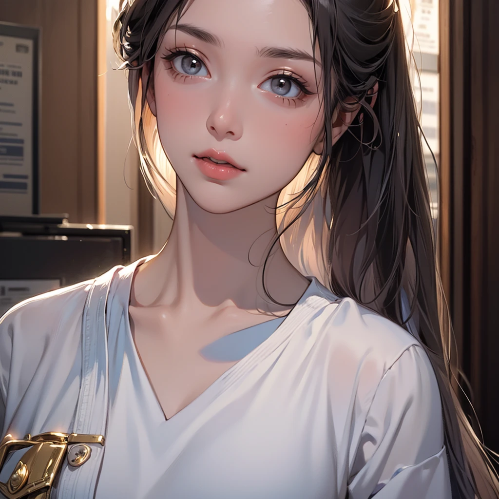 ((Masterpiece, top quality, high resolution, highly detailed CG unified 8K wallpaper)), (huge stunning goddess shot, very hot and sexy, jaw-dropping beauty, perfect proportions, beautiful body, slim body beauty:1.3), Female lawyer, persuading jurors in court, wearing black suit, white shirt and tight black skirt, black tights, silver-rimmed glasses and thin watch, small gold badge on left breast of jacket, holding bundle of documents in one hand,