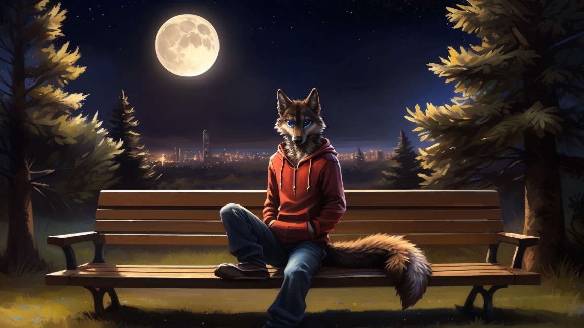 ((Solo)), male people, anthro wolf, (Multi-colored fur, White-brown:1.3), ((Wolf face, Big eyes, White eyelids, Blue pupil, Slim:1.2) (Tough, Calm expression:1.2)), (Height 2.1 meters,Tail length 1.5m), Abs, Slim, pinging, (Correct anatomy), (Contour bone:1.2), (detailed outfits), (Hoodies), a long large tail,Feet,(Realistic fur, Detailed fur texture, labeled:1.3)), (Natural lighting), Photorealistic, Hyperrealistic, ultradetailed, by Kenket,In the modern city, Sit on wooden bench,the night,Sit alone,Look at the full moon,It was dark,Starry