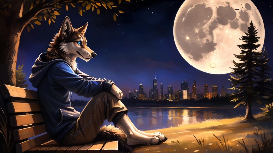 ((Solo)), male people, anthro wolf, (Multi-colored fur, White-brown:1.3), ((Wolf face, Big eyes, White eyelids, Blue pupil, Slim:1.2) (Tough, Calm expression:1.2)), (Height 2.1 meters,Tail length 1.5m), Abs, Slim, pinging, (Correct anatomy), (Contour bone:1.2), (detailed outfits), (Hoodies), a long large tail,Feet,(Realistic fur, Detailed fur texture, labeled:1.3)), (Natural lighting), Photorealistic, Hyperrealistic, ultradetailed, by Kenket,In the modern city, Sit on wooden bench,the night,Sit alone,Look at the full moon,It was dark,Starry
