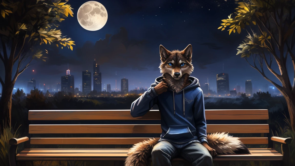 ((Solo)), male people, anthro wolf, (Multi-colored fur, White-brown:1.3), ((Wolf face, Big eyes, White eyelids, Blue pupil, Slim:1.2) (Tough, Calm expression:1.2)), (Height 2.1 meters,Tail length 1.5m), Abs, Slim, pinging, (Correct anatomy), (Contour bone:1.2), (detailed outfits), (Hoodies), a long large tail,Feet,(Realistic fur, Detailed fur texture, labeled:1.3)), (Natural lighting), Photorealistic, Hyperrealistic, ultradetailed, by Kenket,In the modern city, Sit on wooden bench,the night,Sit alone,Look at the full moon,It was dark,Starry