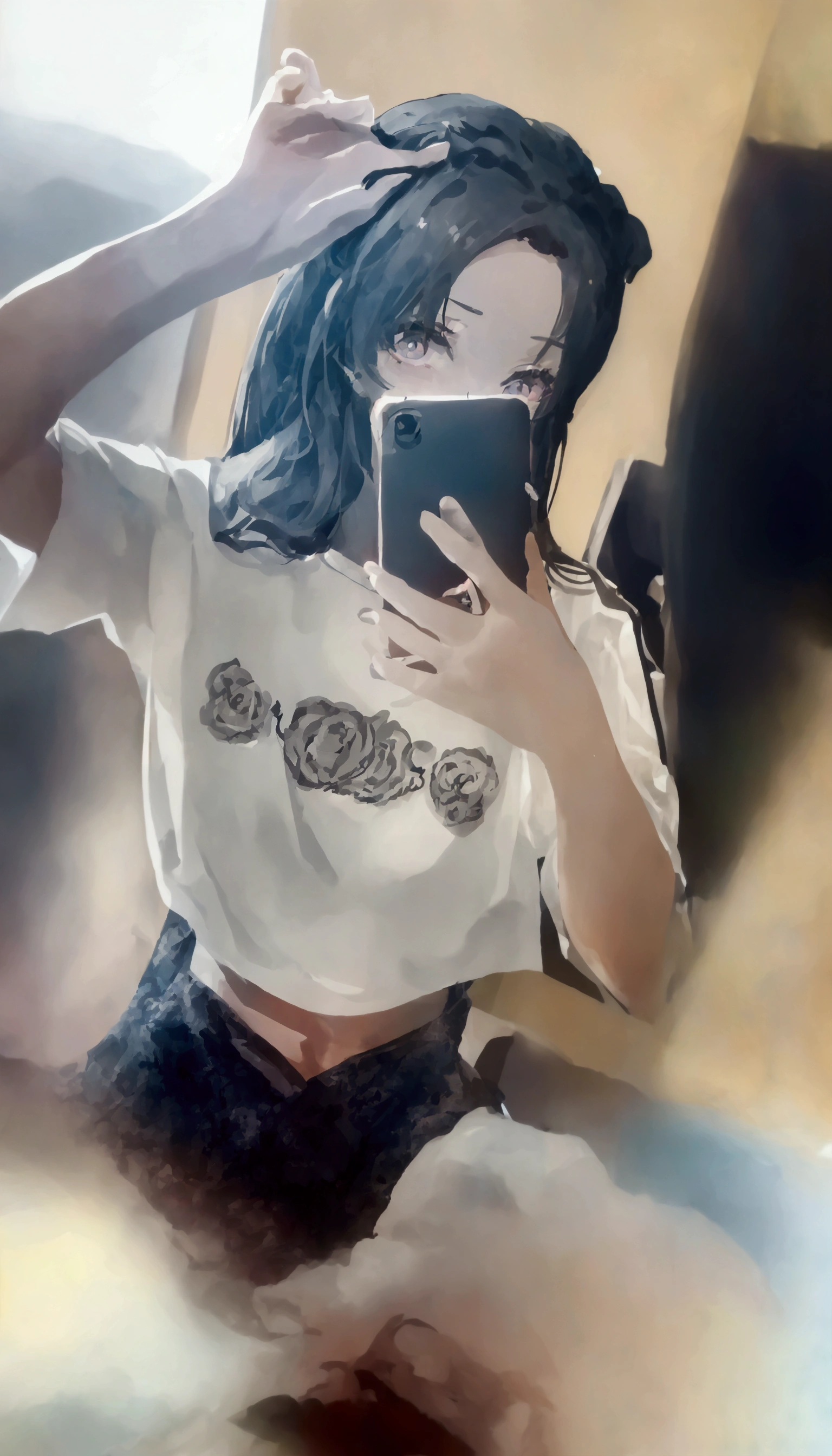 A woman is taking a selfie in the mirror, 破れたクロップT-Shirts, Crop top, 2263539546], Ulzzang, 1 8 is, Low quality photos, 👅 👅, 2 4-year-old female model, T-Shirts, Chiho, Gray hair black hair, 20-year-old, Two 0&#39;s