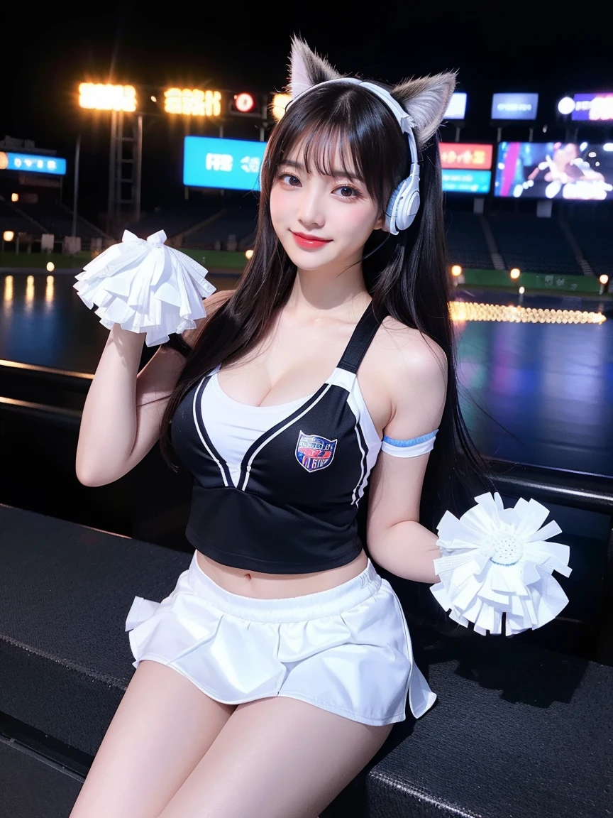 Full body photo、whole、最high quality, masterpiece, 32K、Very detailed、Realistic、1 girl, Japanese women、Cute Face, (photo Actual:1.3), Edge lighting, (Skin with attention to detail:1.2), 8k超High resolution, Single-lens reflex camera, high quality, High resolution, 4K, 8k, Optimal ratio of four fingers to one thumb, (Actual:1.3), smile、自然なsmile、Nice body、Big 、Big Tits、Beautiful legs、Baseball Cheerleader Costumes(black、Light blue line design、Japanese professional baseball cheerleaders)、Cat ear headphones(ピンク色のネオンCat ear headphones)、cute 1 girl, Realistic、Super Realistic、32K、Very detailed、masterpiece, 最high quality, beautiful girl, beauty、 Mecha, Beautiful lighting, Sitting,Cyber Neon、Concert Venues