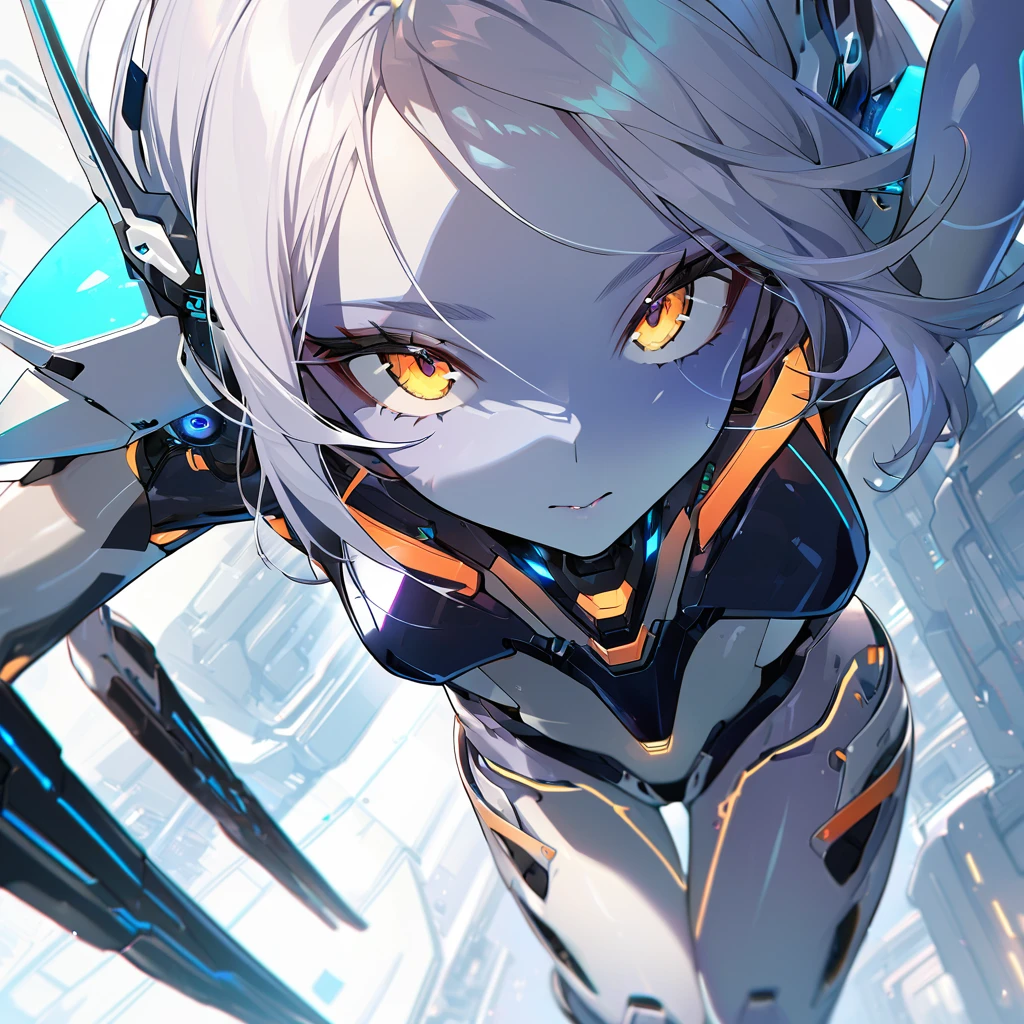 science fiction, android girl(metallic skin, cyber joint, upper left-arm), bird-eye view