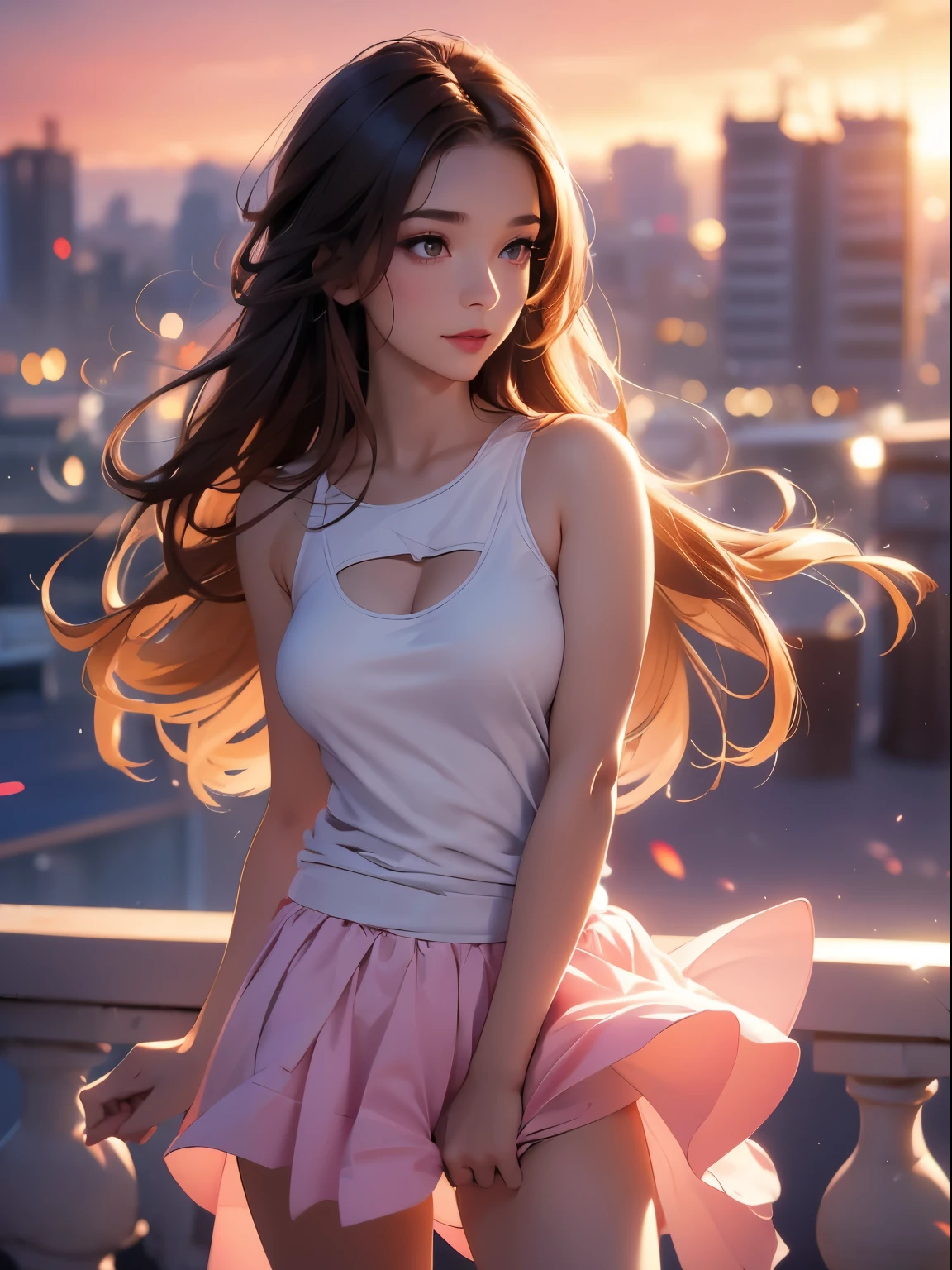 ((masterpiece)),((best quality)),((high detail)),((realistic,)), 1 shy girl, shy expression, elegant makeup, long brown hair, seductive eyes, bright lips, sexy pose, (beautiful detailed face: 1.0), smiling, feminine approach, tank top, tight t-shirt, white t-shirt, sensual cleavage, big breasts, pointed breasts, (perfect body), prominent nipples, bare abdomen, pink mini-skirt, wind blowing, panties under the skirt, white panties, standing and watching the sky, sunset in the city, tight clothes,
