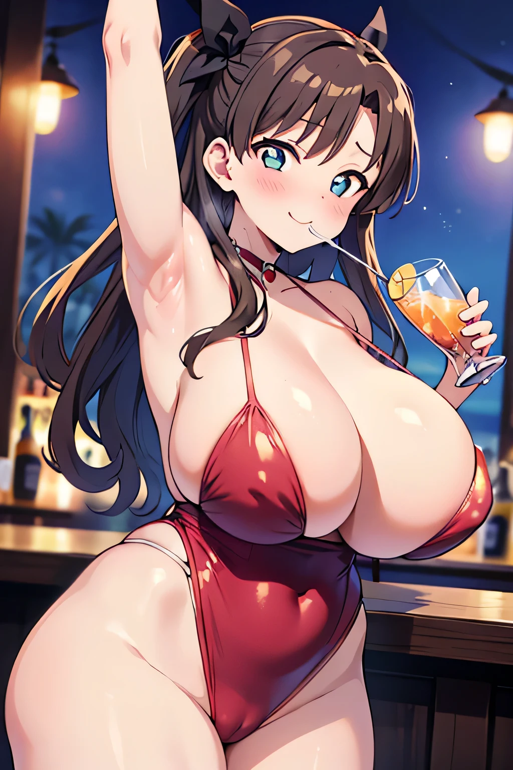 Hentai、Highest quality、A short, chubby, busty gal drinking cocktails at a bar in a tropical resort late at night、lovelive！、Tohsaka Rin、Heavy water splashes、Perfect proportions、Overwhelmingly large and heavy breasts、Showing off armpits、Beautiful sparkling eyes、Blushed、smile、Cowboy Shot