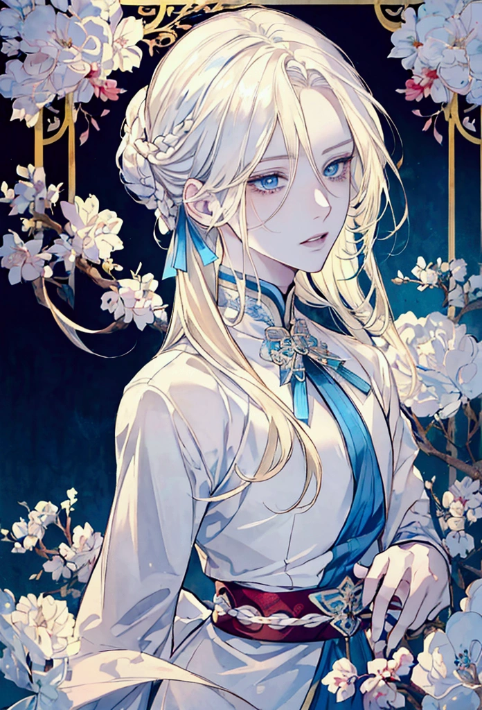 beautiful young man with long blonde hair, light blue eyes, delicate features of the face, cherry lips, White skin, slim build, mole under the cheek, martial arts cultivator style clothing. Light colors. 