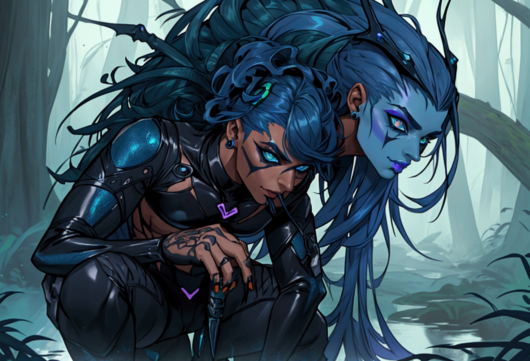 Male body, skinny male body, clothing, Futuristic drag queen clothing ideas, futuristic goth, lattin drag, tan skin, ultra detailed, poisonous, blue frogs, long curly dark blue hair, future goth, future halloween, swamp, hole body, sexy