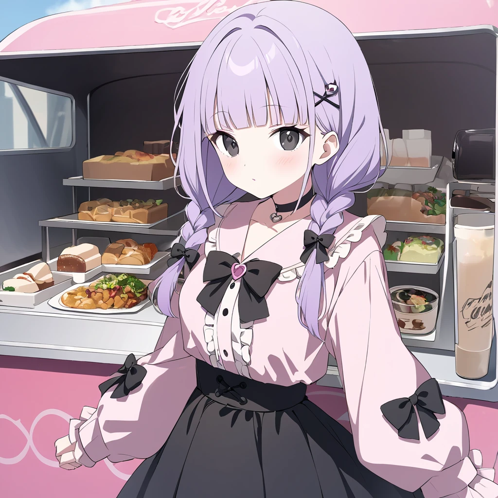 (Cute a girl:1.5), (a girl with closs hair pin, pale purple hair, wavy two braids, blunt bangs hair, green and black eyes, closs hair pin, pink shirt, cosplay, jirai kei, bangs, black skirt, black bow, looking at viewer, bow, long sleeves, choker, ribbon:1.4), anime visual, (tilt head:1.3), realistic lighting and shading, (an extremely delicate and beautiful art:1.3), Buy lunch boxes from a food truck