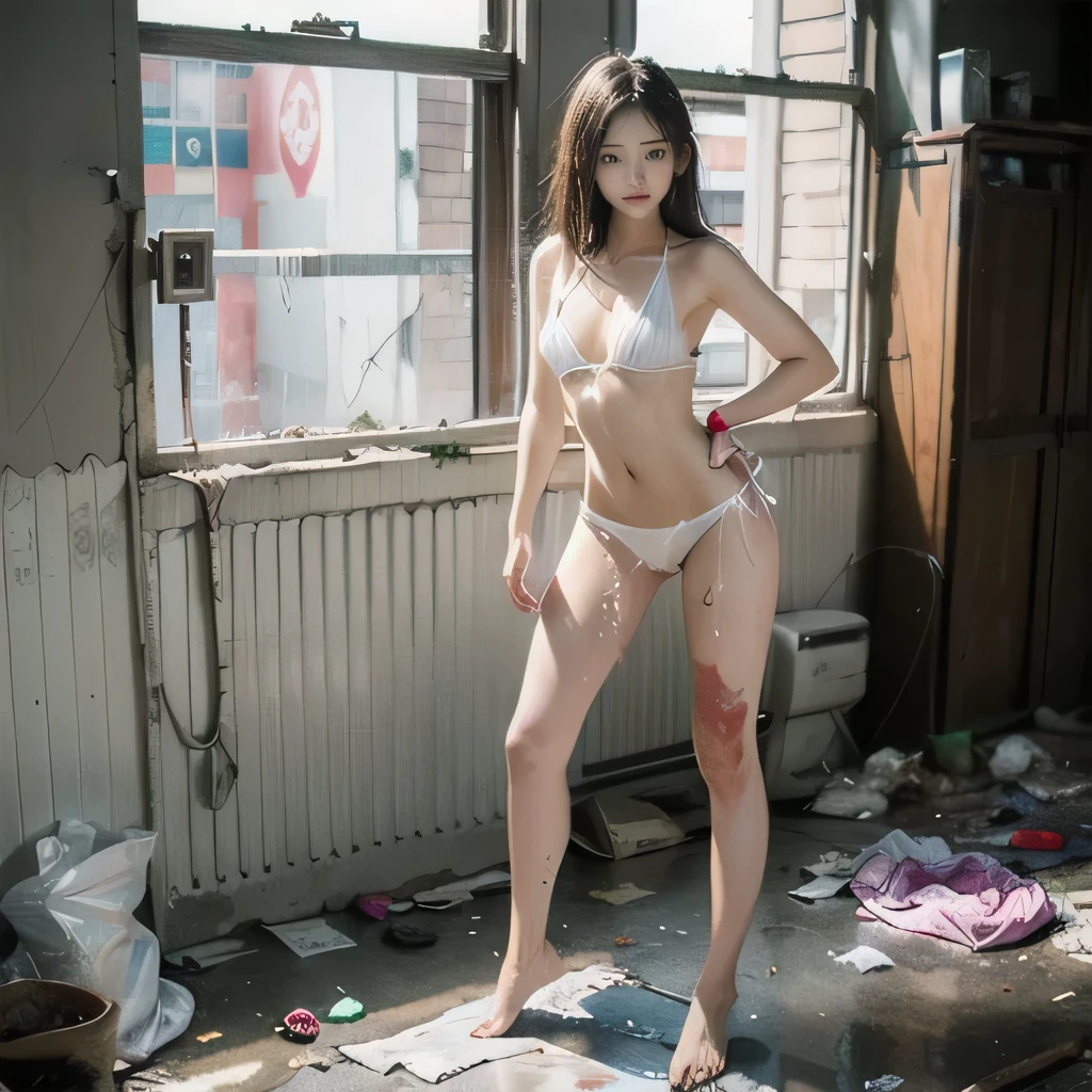 Abandoned schools,Sexy standing pose,White transparent bikini,Exposing the genitals ,Garbage all over the ground,Dilapidated,Devastated,best qualtiy,full-body portraits(1:1),two 18 years old girls,lean and slender body,Skinny,Smaller bust,The barefoot,Leaky ,nipples showing