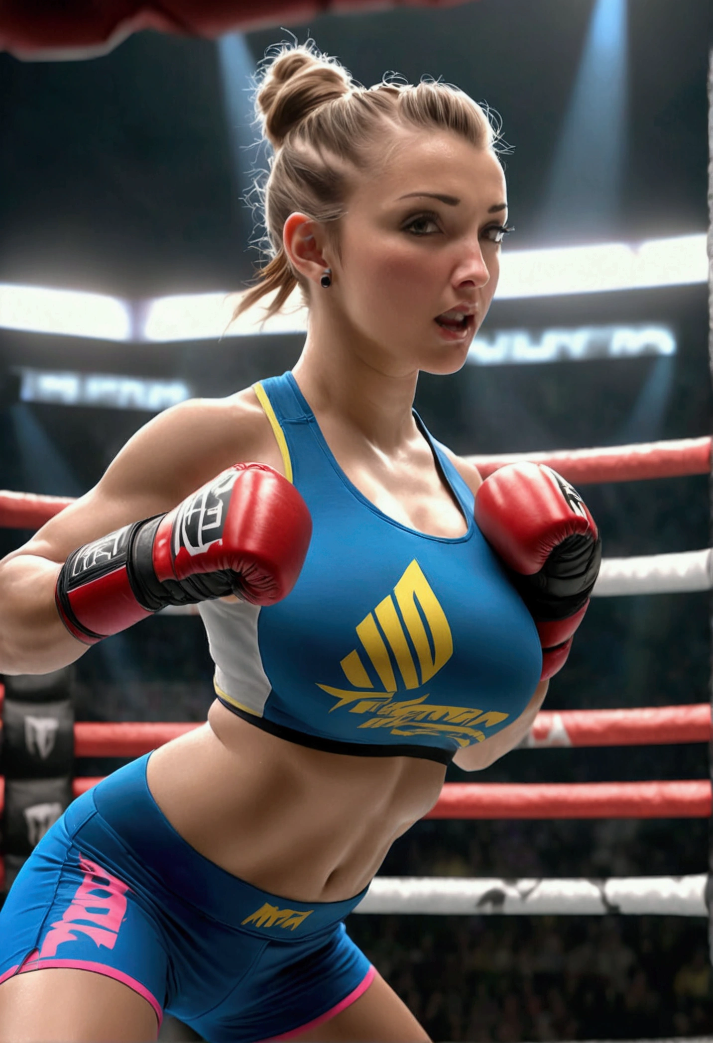 a beautiful young woman, athletic, sweaty, with her hair tied up in a tight bun, wearing brightly colored MMA fighting gear, fighting in an octagon fighting ring, viewed from a low angle outside the ring, masterpiece, (best quality, 4k, 8k, highres, ultra-detailed, realistic, photorealistic:1.37), professional studio lighting, physically-based rendering, extremely detailed description, vivid colors, sharp focus, octagon MMA fighting ring, athletic woman MMA fighter, tight bun hairstyle, colorful MMA outfit, low angle outside the ring, dynamic action pose
