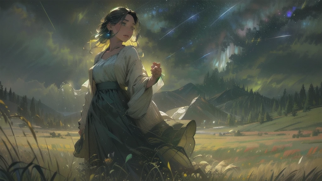 a field of lush green grass, sparse colorful wildflowers, starry night sky, gentle breeze, detailed foreground, dramatic lighting, cinematic composition, vibrant colors, fantasy landscape, ethereal atmosphere, (best quality,4k,8k,highres,masterpiece:1.2),ultra-detailed,(realistic,photorealistic,photo-realistic:1.37),intricate details,dramatic lighting,vivid colors,cinematic composition,ethereal atmosphere