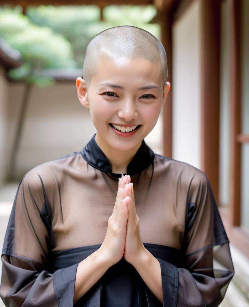 Japanese nun in a transparent robe、monastery、Shaved hair、Shaved Head、Touching the body、Ecstatic expression
