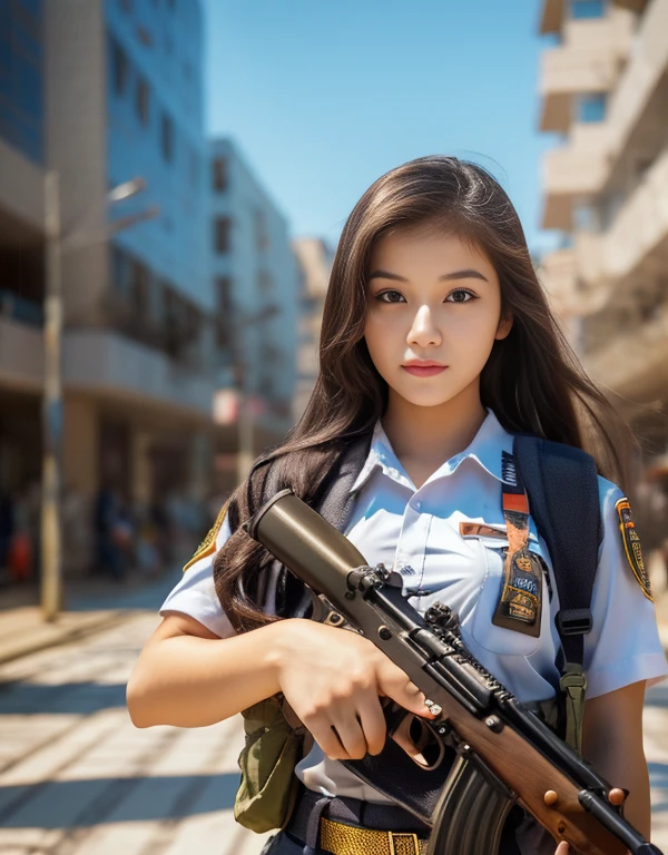 Masterpiece, beautiful 20 year old Indonesian woman in student uniform holding AK47 rifle, long hair, slim athletic body, round breast, detailed eyes, proud Indonesian female student, portrait of female student, female student portrait, beautiful female student, Indonesia, about a sniper girl in the war, holding a rifle AK47, holding a rifle, arms folded, portrait of a female city guard, standing in the middle of the city, portrait taken from below, portrait taken, by Arthur Sarkissian, face full of determination, with an AK47 rifle, with an AK47 rifle in hand, very high resolution .photorealistic: 1.4, UHD, beautiful city background,.