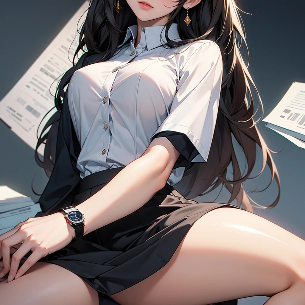 ((Masterpiece, top quality, high resolution, highly detailed CG unified 8K wallpaper)), (huge stunning goddess shot, very hot and sexy, jaw-dropping beauty, perfect proportions, beautiful body, slim body beauty:1.3), Female lawyer, persuading jurors in court, wearing black suit, white shirt and tight black skirt, black tights, silver-rimmed glasses and thin watch, small gold badge on left breast of jacket, holding bundle of documents in one hand,