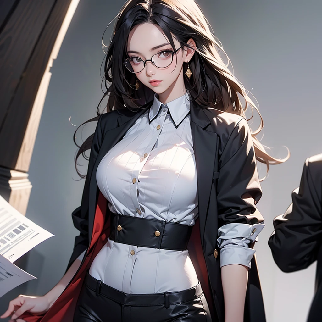 ((Masterpiece, top quality, high resolution, highly detailed CG unified 8K wallpaper)), (huge stunning goddess shot, very hot and sexy, jaw-dropping beauty, perfect proportions, beautiful body, slim body beauty:1.3), Female lawyer, persuading jurors in court, wearing black suit, white shirt and tight black skirt, black tights, silver-rimmed glasses and thin watch, small gold badge on left breast of jacket, holding bundle of documents in one hand, 