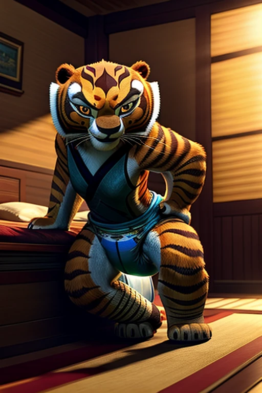 A detailed, muscular Tigress from Kung Fu Panda in a DreamWorks animated style, a girl with a 3:1 hip to leg ratio wearing a diaper, lying in bed in a bright bedroom, extremely detailed facial features, bright cinematic lighting, photorealistic, 8K, hyper detailed, masterpiece