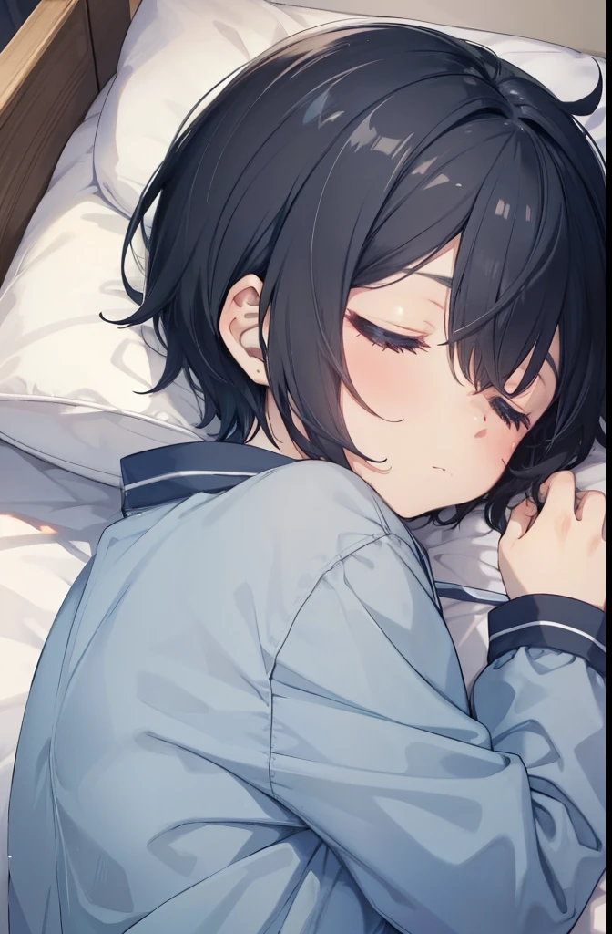 sleeping face up in bed,Girl 1,boyish,Very short hair,Black Hair,Light blue pajamas,Looks sleepy,