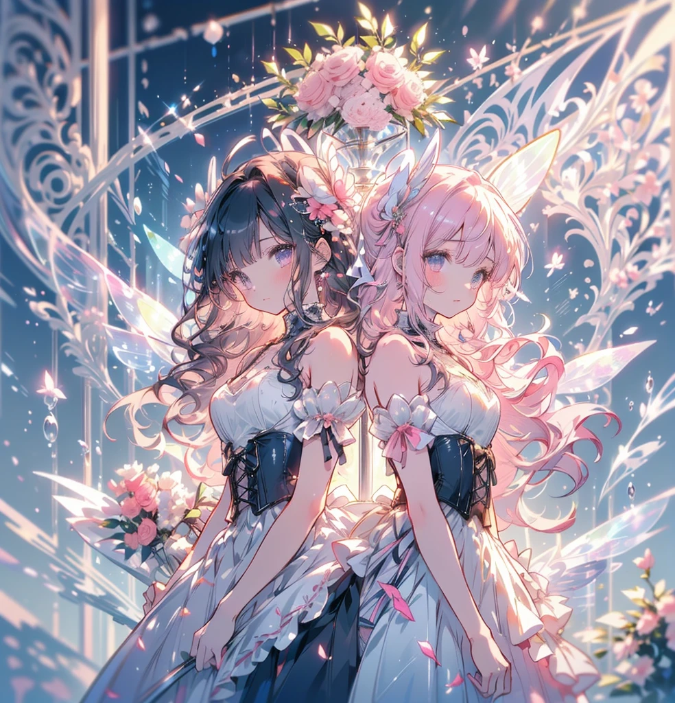 (Exquisite, beautiful, Very detailed, masterpiece, high quality,High resolution),(An overall design illustration of a gorgeous torso in a beautiful fairy dress in pastel and vibrant colors against a background decorated with pale pink azalea flowers and petals,Soft and thin lines),A dress with a deep pink draped peplum attached symmetrically to the bottom of the corset, The base is pink,.Long princess dress with azalea flower motif on one side of the chest, The skirt is decorated with ribbons and azalea flowers., Fluffy white panniers inside, Azalea flower shaped skirt.,Corset rose flower々The waist is decorated with beautiful,A cute princess dress with an azalea flower motif.,Sweet-smelling