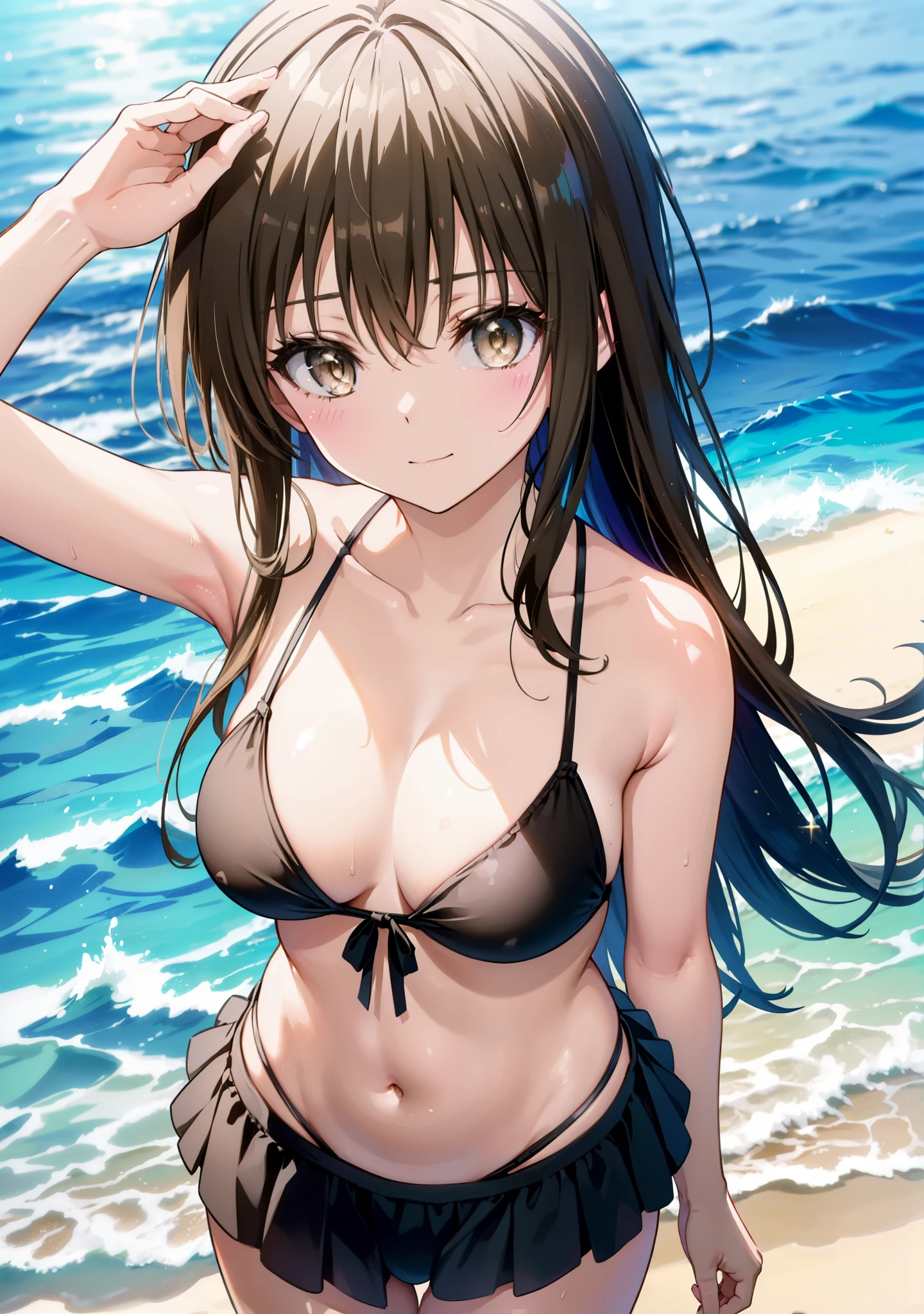 Yuikotegawa, yui kotegawa, Black Hair, (Brown eyes:1.5), Long Hair,Big Breasts,clavicle,smile, (Beach salon), Hair Ribbon, (美しいBig Breasts:1.3), ((salon)),Pareo bikini swimwear,A thin cloth is wrapped around her bare legs,Belly button,whole bodyがイラストに入るように,
break outdoors, Beach,
break looking at viewer, whole body,(Cowboy Shot:1. 5)
break (masterpiece:1.2), Highest quality, High resolution, unity 8k wallpaper,, (shape:0.8), (Beautiful attention to detail:1.6), Highly detailed face, Perfect lighting, Extremely detailed CG, (Perfect hands, Perfect Anatomy),