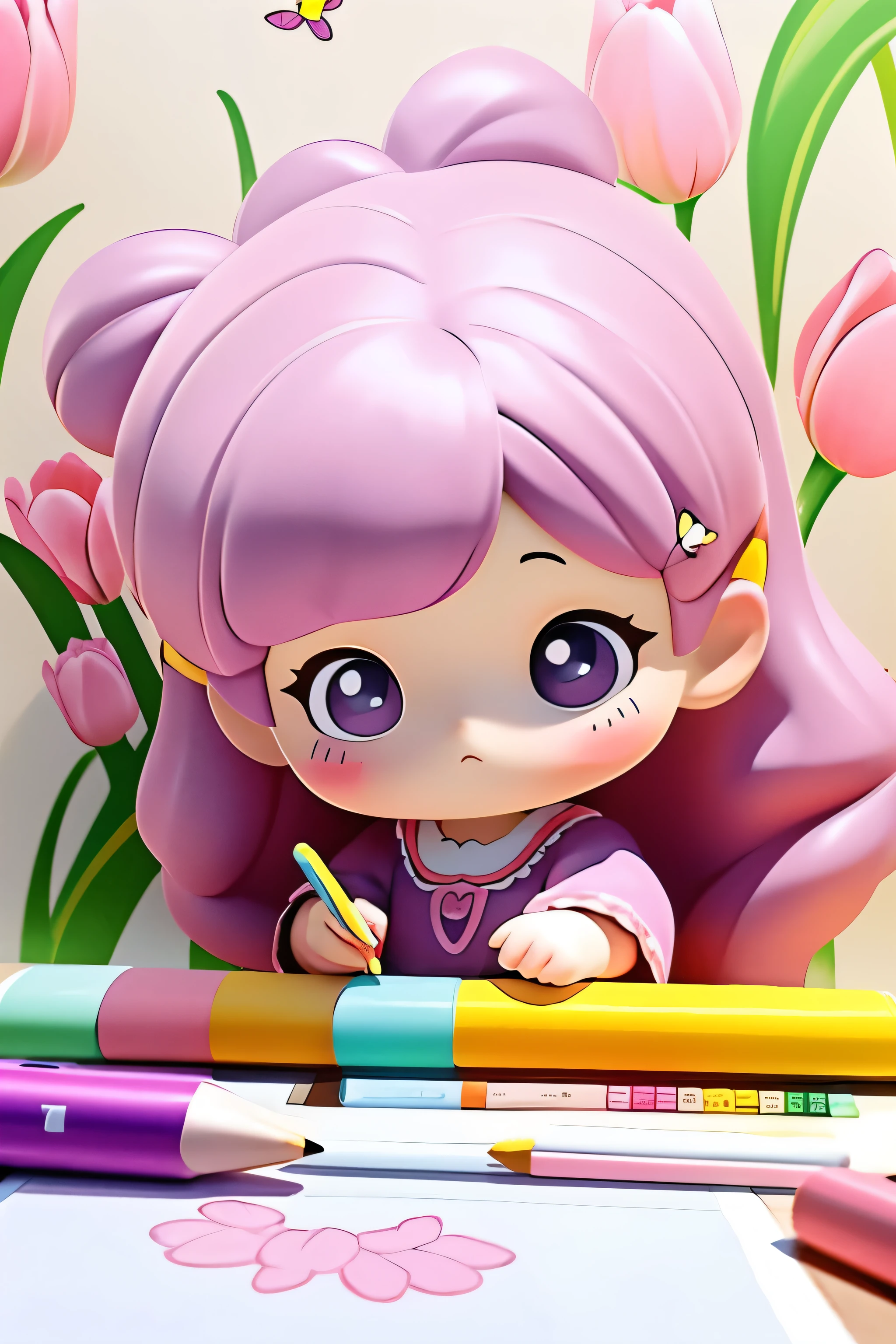 The following scenes will be expressed using chibi girl dolls.(Photorealism、A girl is drawing tulip flowers and butterflies on the wall with crayons.、The picture is a child'Graffiti, but it'Very Colorful.)