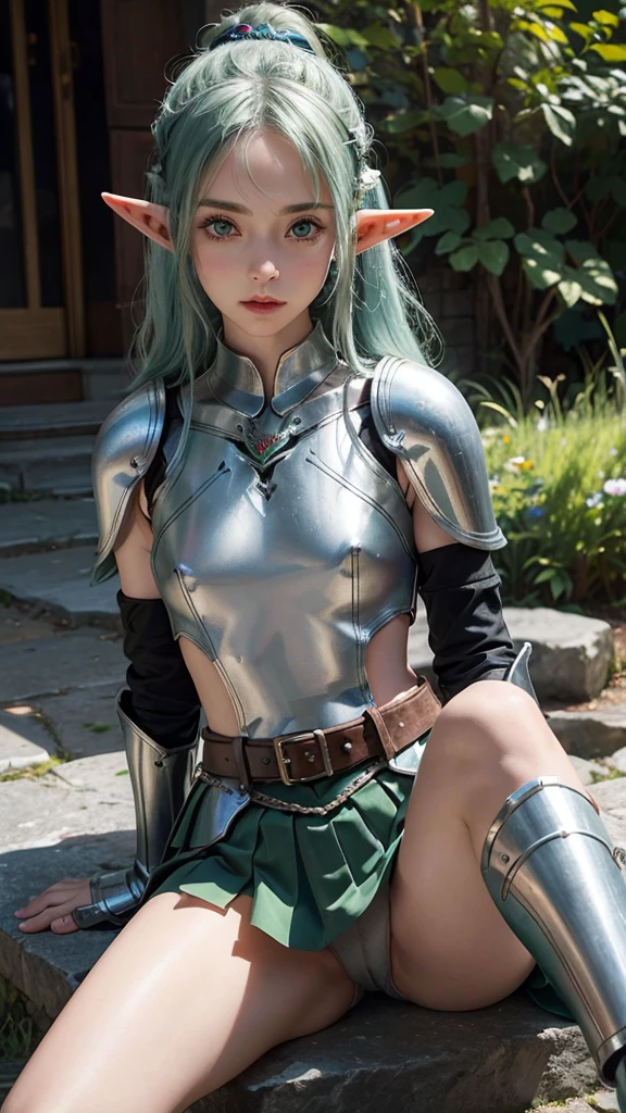 ((Female elf warrior)), thin girl, thin waist, small breasts, 18 years old, (sitting, legs open: 1.1), knight armor, (medieval armor, steel breastplate, Steel gauntlets, steel gloves), ((green skirt: 1.1)), (upskirt), panties showing under the skirt, (white panties), (( cameltoe)), medieval fantasy, D&d, RPG, best quality, masterpiece, 8k, nsfw,