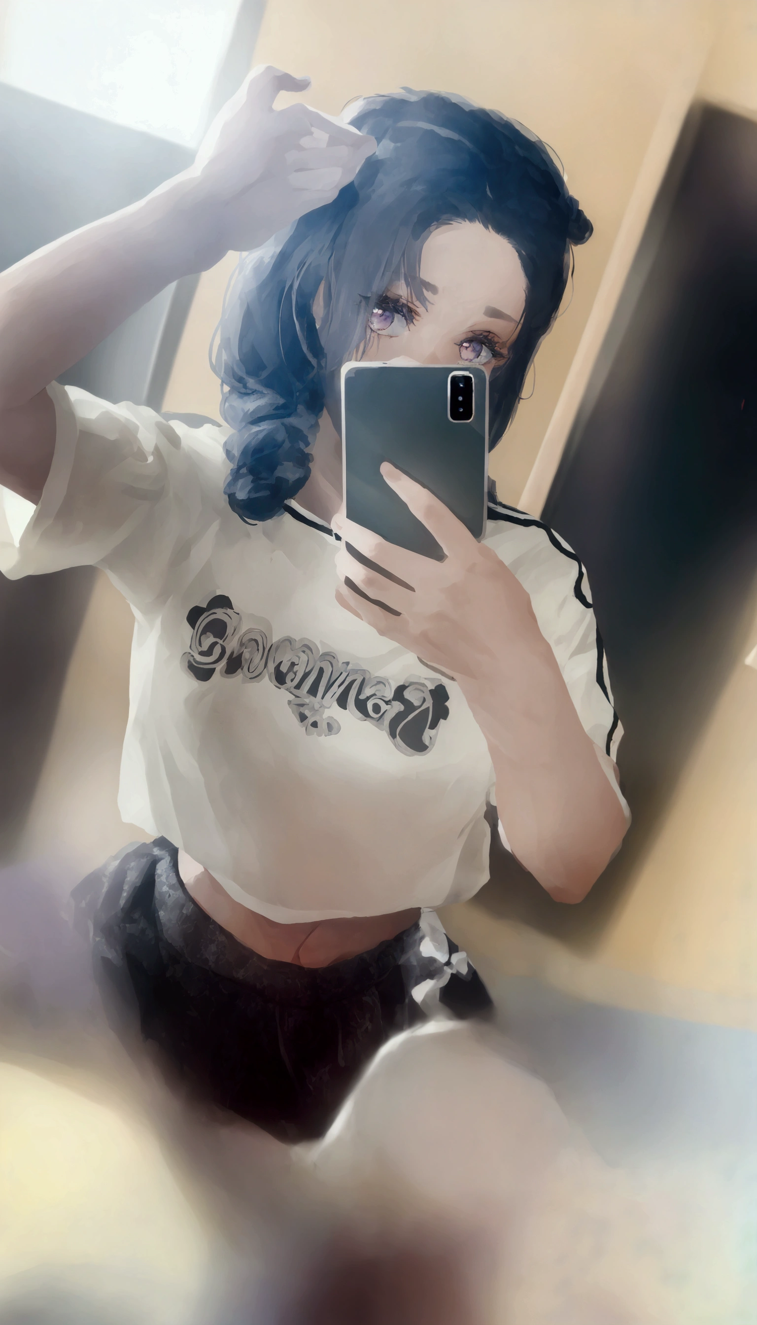 A woman is taking a selfie in the mirror, 破れたクロップT-Shirts, Crop top, 2263539546], Ulzzang, 1 8 is, Low quality photos, 👅 👅, 2 4-year-old female model, T-Shirts, Chiho, Gray hair black hair, 20-year-old, Two 0&#39;s