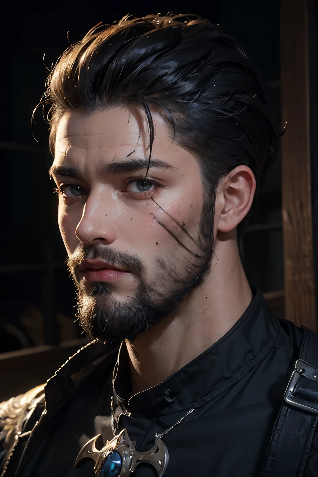 A man 30 years medieval, facial rustic, long black beard, beautiful detailed eyes, extremely detailed eyes and face, musculous body, vibrant colors, dramatic lighting, moody atmosphere, cinematic, digital painting, shaved hair on the sides, hair shaved on the sides, big scar on face