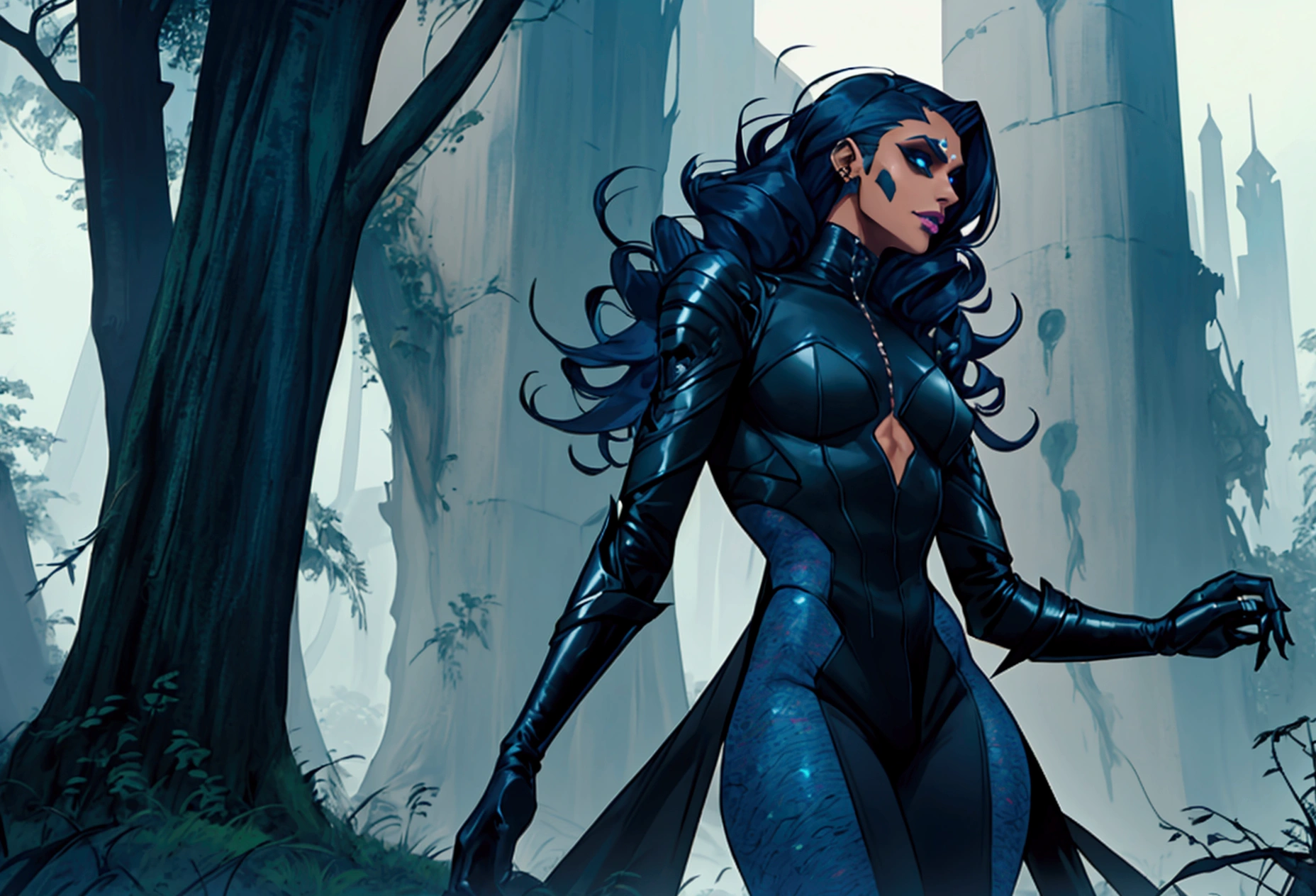 Male body, skinny male body, clothing, Futuristic drag queen clothing ideas, futuristic goth, lattin drag, tan skin, ultra detailed, poisonous, long curly dark blue hair, future goth, future halloween, swamp, hole body, sexy