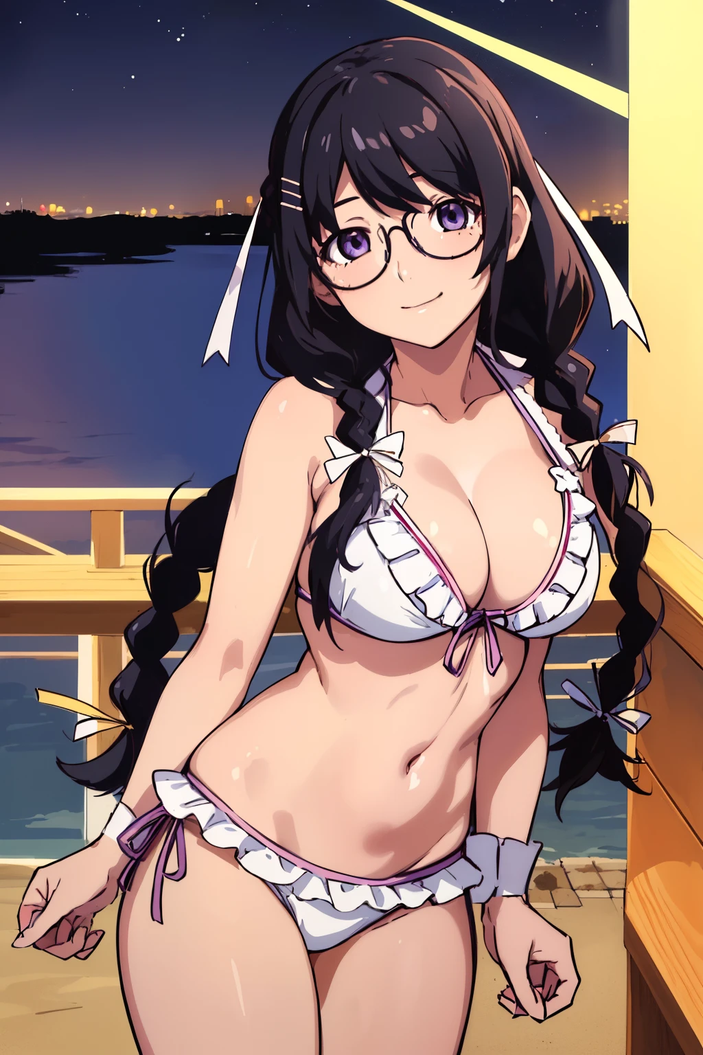 (masterpiece), (Highest quality), (High resolution), (detailed), One girl, (Hanekawa Tsubasa), Purple eyes, Black Hair, Long Hair, Hair Clip, hair ornaments, Braiding, twin Braidings, Hair Ribbon, Glasses Big, (White frilled bikini), close, standing, Cowboy Shot, night, View your viewers, smile, poolsaide