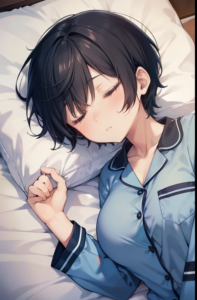 sleeping face up in bed,Girl 1,boyish,Very short hair,Black Hair,Light blue pajamas,Looks sleepy,Large Breasts,