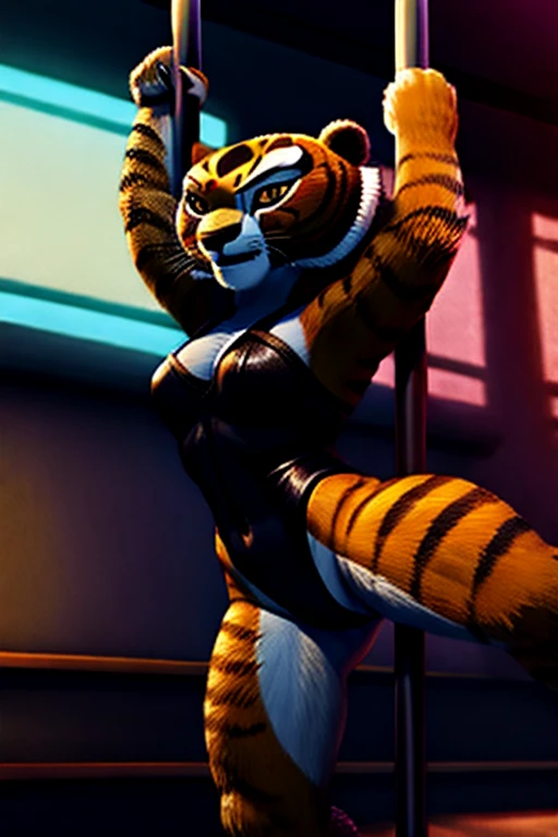 A detailed, muscular Tigress from Kung Fu Panda in a DreamWorks animated style, a girl with a 3:1 hip to leg ratio wearing a leotard, pole dancing in a bright bedroom, extremely detailed facial features, bright cinematic lighting, photorealistic, 8K, hyper detailed, masterpiece