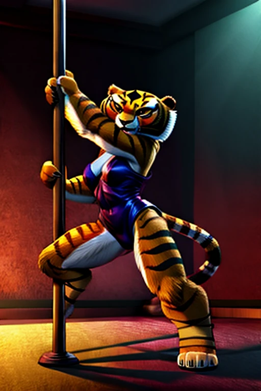 A detailed, muscular Tigress from Kung Fu Panda in a DreamWorks animated style, a girl with a 3:1 hip to leg ratio wearing a leotard, pole dancing in a bright bedroom, extremely detailed facial features, bright cinematic lighting, photorealistic, 8K, hyper detailed, masterpiece