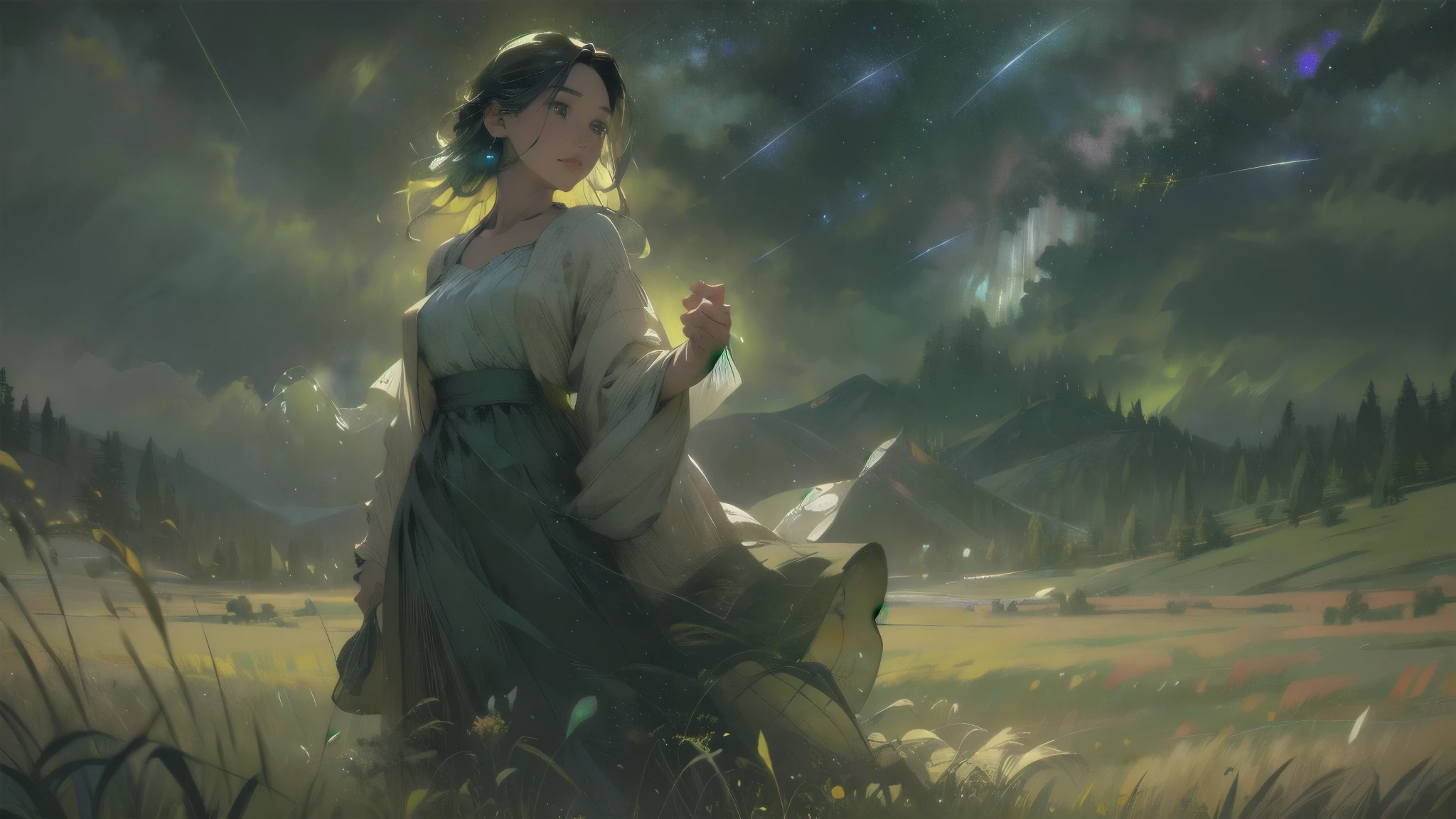 a field of lush green grass, sparse colorful wildflowers, starry night sky, gentle breeze, detailed foreground, dramatic lighting, cinematic composition, vibrant colors, fantasy landscape, ethereal atmosphere, (best quality,4k,8k,highres,masterpiece:1.2),ultra-detailed,(realistic,photorealistic,photo-realistic:1.37),intricate details,dramatic lighting,vivid colors,cinematic composition,ethereal atmosphere