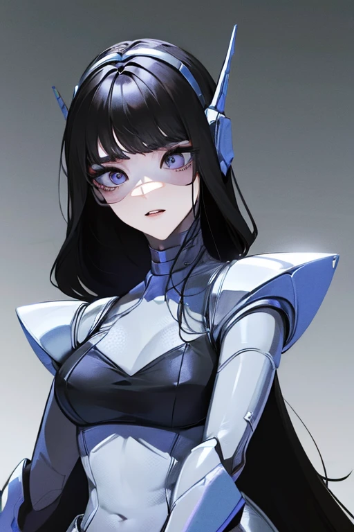 empty eyes,robotized woman ,big bust,Robot Joint ,Metal skin,Black suit,long hair