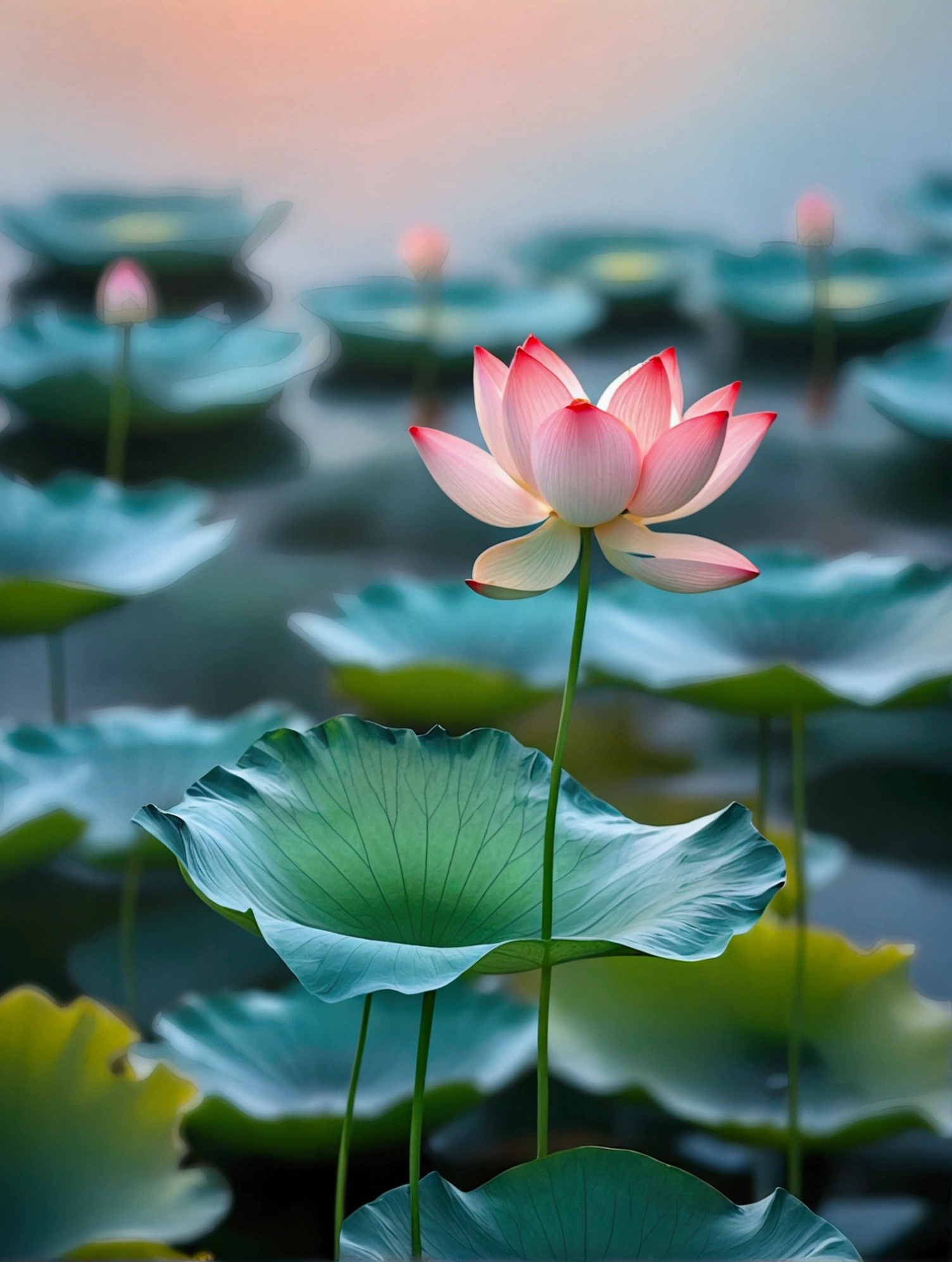There is a Chinese-style building behind the small lotus，There is a beautiful sunset，Real photography,nature，best quality, high resolution, 16K
