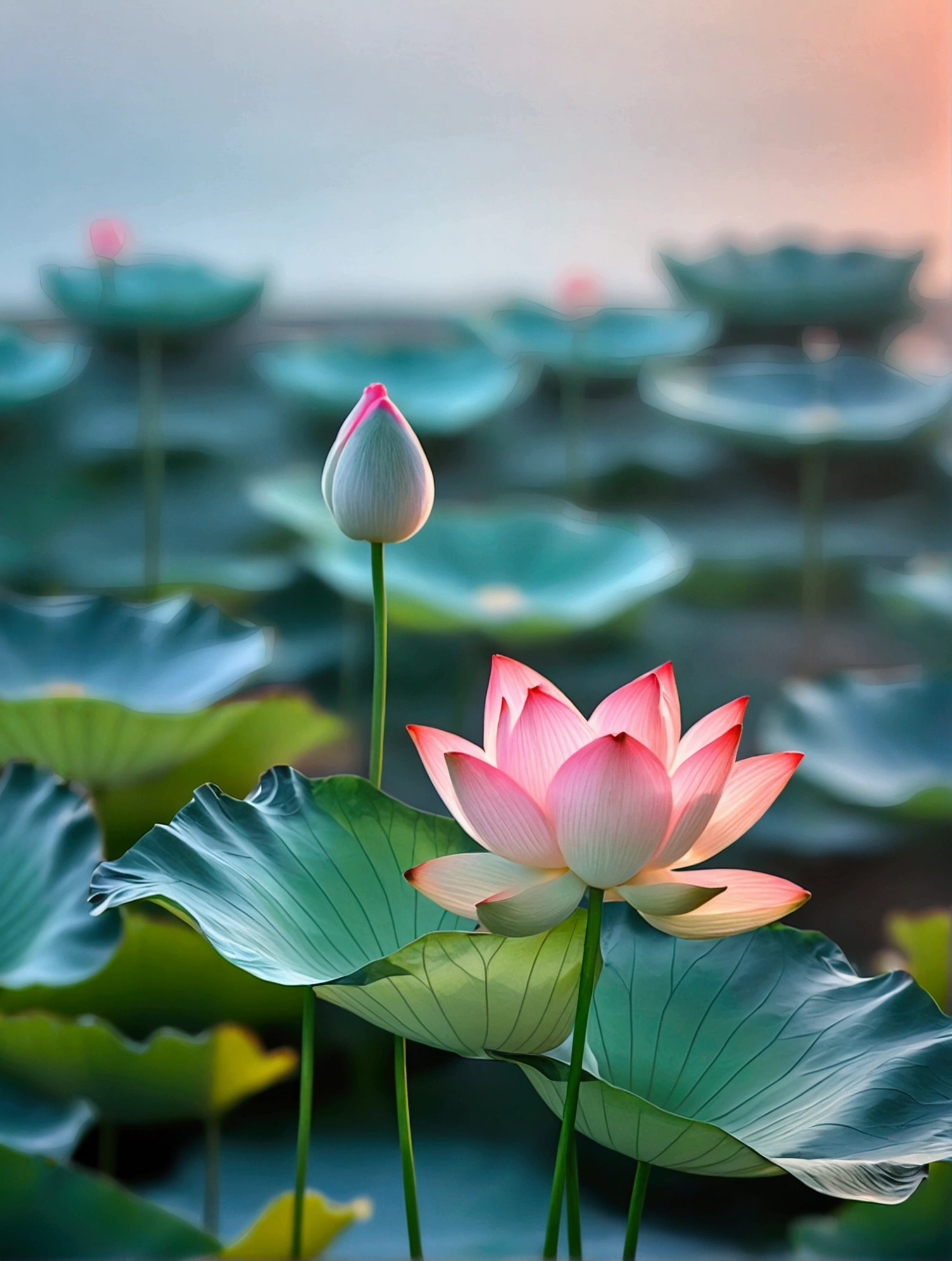 There is a Chinese-style building behind the small lotus,There is a beautiful sunset,Real photography,nature,best quality, high resolution, 16K