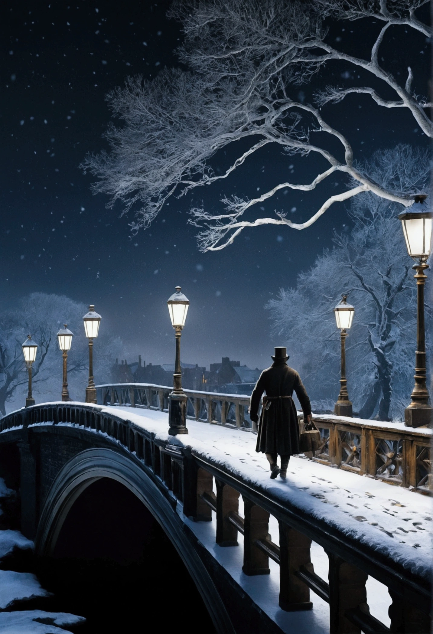 Crie uma cena de flashback de 1744, Depicting a cold winter night in England, where a man walks across a bridge, snow falling. The atmosphere is dark and pensive, with small gusts falling gently, reflecting the historical significance of the scene. The senario has unique historical characteristics. Apply a realistic and detailed style, accurately portraying the man, the environment and climatic conditions. The scene takes place on a cold winter night., com neve, ice and frost.