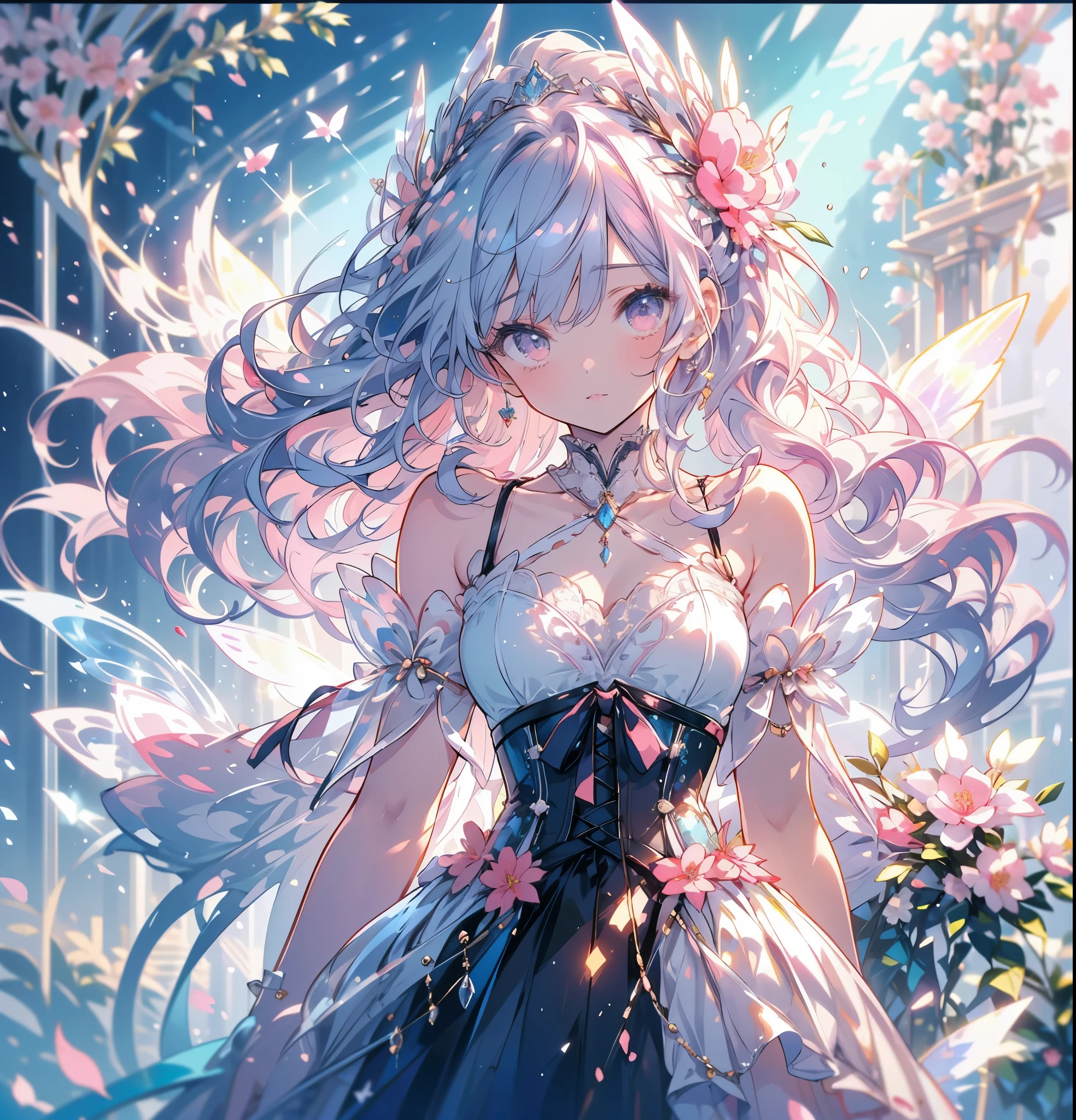 (Exquisite, beautiful, Very detailed, masterpiece, high quality,High resolution),(An overall design illustration of a gorgeous torso in a beautiful fairy dress in pastel and vibrant colors against a background decorated with pale pink azalea flowers and petals,Soft and thin lines),A dress with a deep pink draped peplum attached symmetrically to the bottom of the corset, The base is pink,.Long princess dress with azalea flower motif on one side of the chest, The skirt is decorated with ribbons and azalea flowers., Fluffy white panniers inside, Azalea flower shaped skirt.,Corset rose flower々The waist is decorated with beautiful,A cute princess dress with an azalea flower motif.,Sweet-smelling,Facing forward,The body is facing forward.