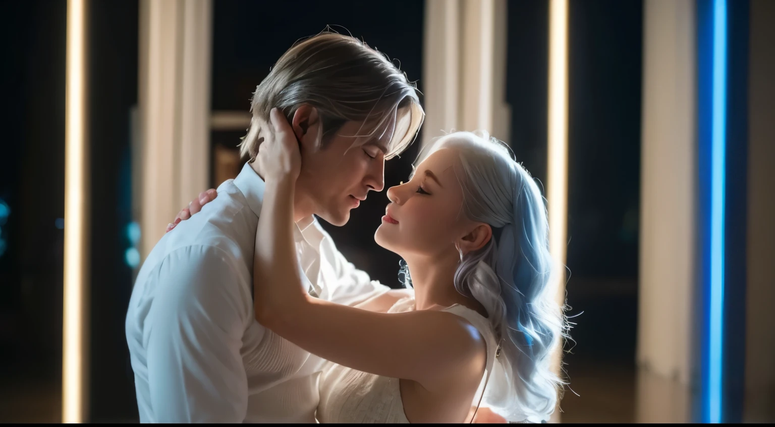 In this image, a young boy and a young girl share an intimate moment, the woman runs her hand through the man's white hair, he wears a white dress shirt and while the woman wears a light sweater with a vintage touch. They are sitting on the bed. The focus of the image is on the connection between them, capturing a moment of tenderness amid the grandeur of the surroundings.