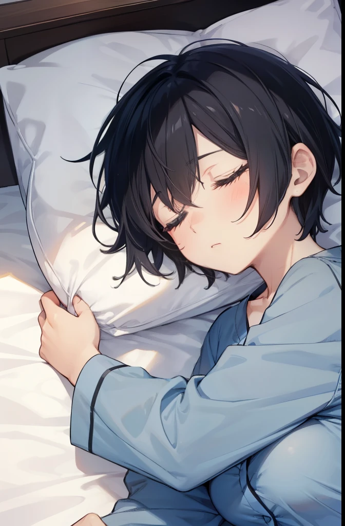 Sleeping face down in bed,Girl 1,boyish,Very short hair,Black Hair,Light blue pajamas,Looks sleepy,Large Breasts,
