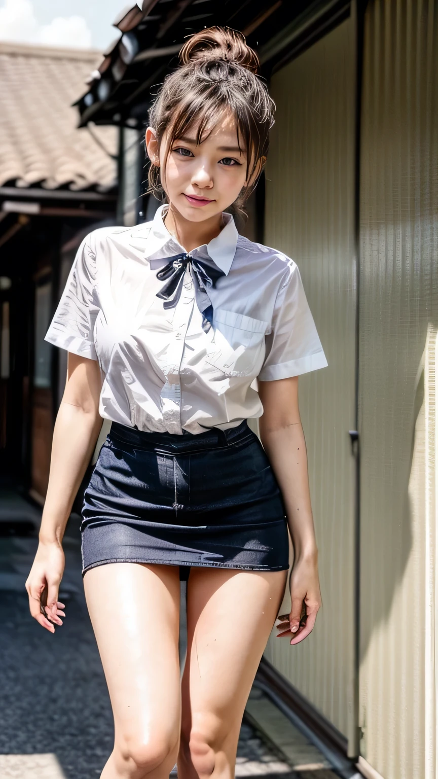 (Girl walking through the streets of Tokyo:1.2、Midsummer、blue sky)、((Shirt with ribbon、Tight brown miniskirt:1.3、Wearing knee-high socks:1.4)、the wind is strong、(Realistic、Like a photograph、Live Action、8k, Realistic, RAW Photos, Best image quality: 1.4), Single-lens reflex camera、RAW Photos, Highest quality, Realistic, Highly detailed CG Unity 8k wallpaper, Written boundary depth, Cinematic Light, Lens flare, Ray Tracing, Realistic background、((ultra high density skin))、 、Cute Japanese Girl、(whole body:1.5)、Very detailedな顔,avert your eyes:1.1、(short hair:1.2、Short Ponytail:1.4)、I like that style、stylish、Very detailed、Pay attention to the details、Perfect outfit、(Sunburned skin)、View from below、Accurate hands、Accurate legs、Detailed hands and fingers、Anatomically correct body、Thin legs、Thin thighs、Large Breasts