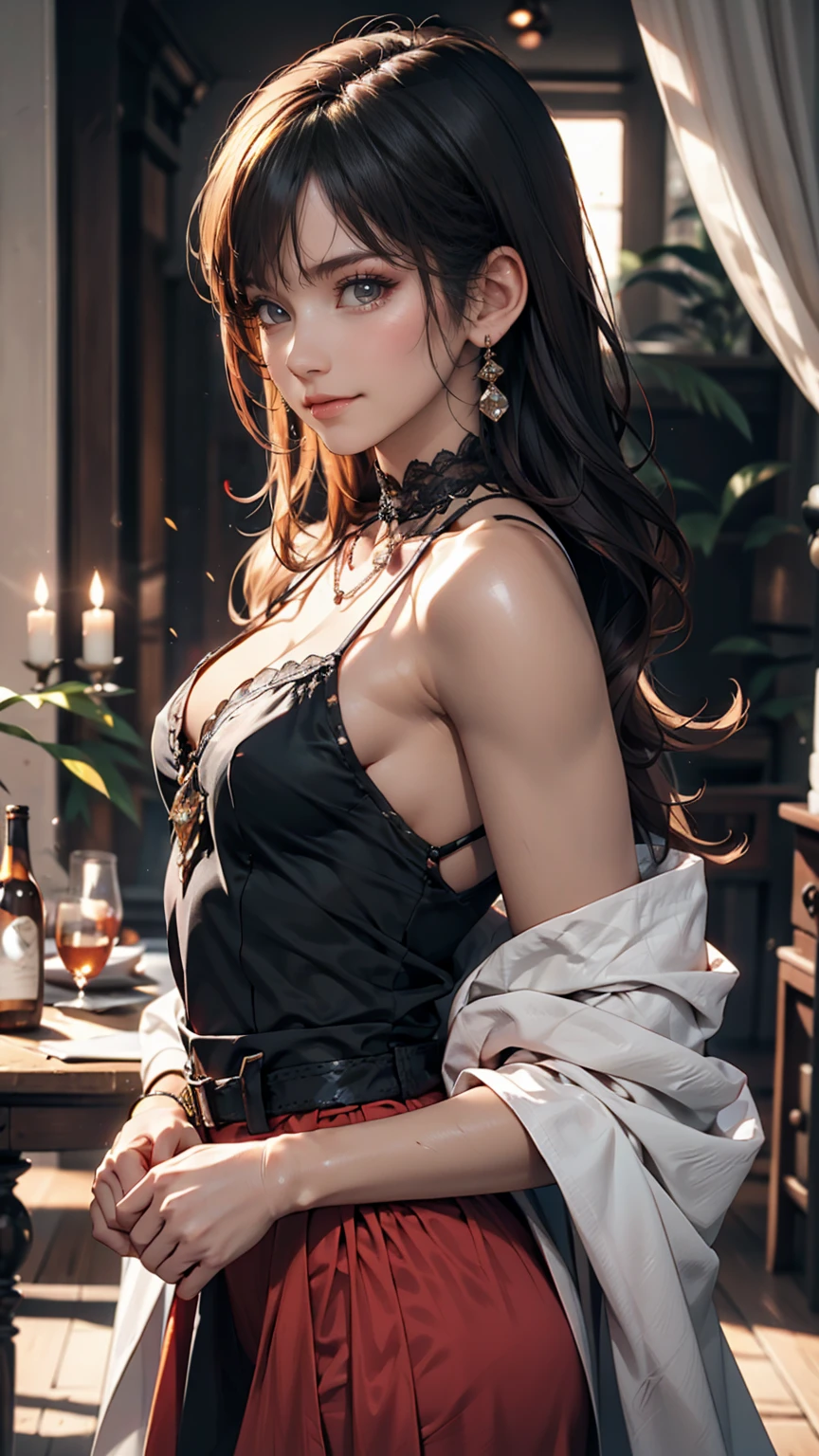 That&#39;s excellent, amazing, Ultra HD, Realistic, girl, (Beautiful Face 1.4), (big, Narrow waist), Long Hair, indoor, Bokeh, Beautiful light, Glowing Skin, Small Head, smile, Dinner Party, Holding a cup、Silver accessories on the wrist、Anklet on the ankle、Sexy proportions、Lower milk visible、Micro Mini Skirt、High neck、No sleeve、Stiletto heels、erotic