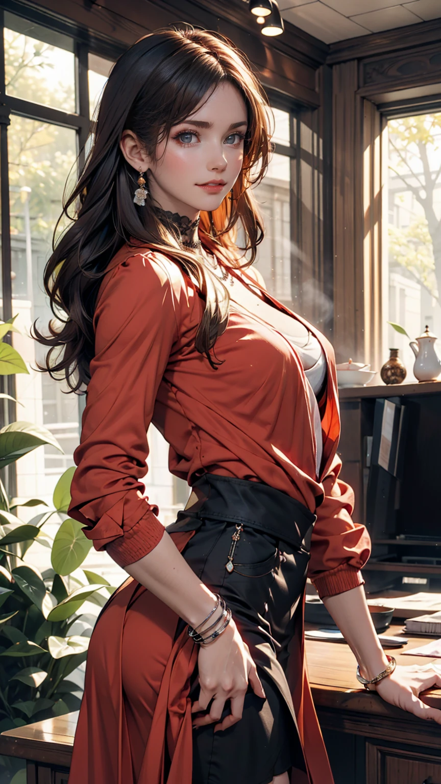 That's excellent, amazing, Ultra HD, Realistic, girl, (Beautiful Face 1.4), (big, Narrow waist), Long Hair, indoor, Bokeh, Beautiful light, Glowing Skin, Small Head, smile, Dinner Party, Holding a cup、Silver accessories on the wrist、Anklet on the ankle、Sexy proportions、Lower milk visible、Micro Mini Skirt、High neck、No sleeve、Stiletto heels、erotic